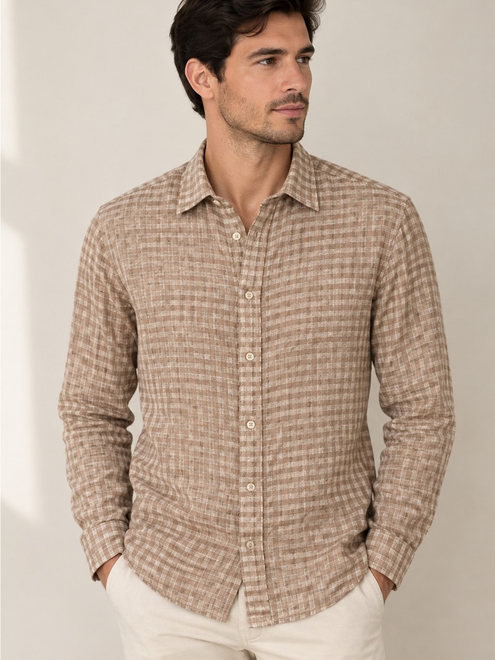 Banana Republic Men's Beige Plaid Button-Down Shirt M TALL